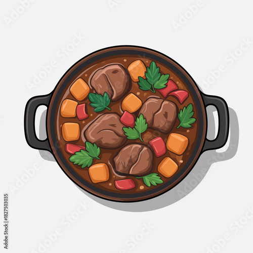 A mouth-watering pot of hearty meat stew, filled with colorful vegetables, exuding warmth and comfort, perfect for family meals and nourishing home-cooked experiences.