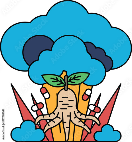 A drawing of a broccoli plant with a carrot growing out of it