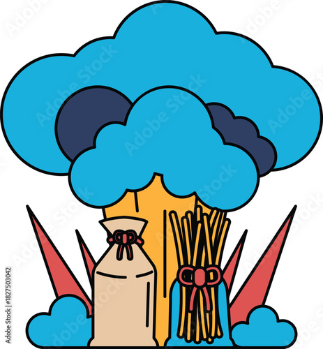 A white and black drawing of a cloud with a bag of flour and a bundle of straw