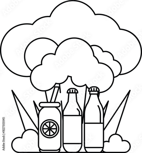 A cartoon of a cloud with three bottles of juice and a jar of juice