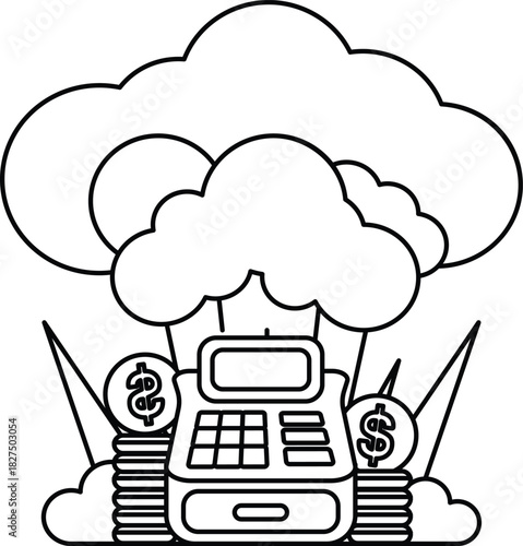 A cartoon of a robot with a calculator and a pile of money