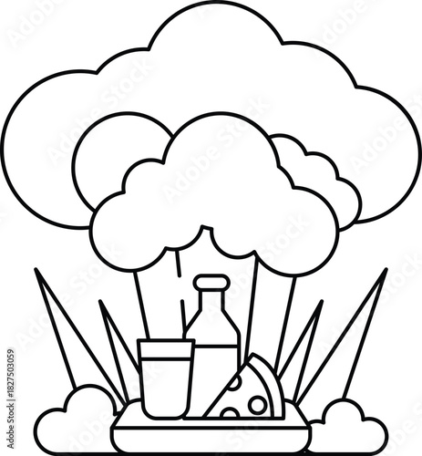 A cartoon of a cloud with a bottle of milk, a cup, and a slice of cheese