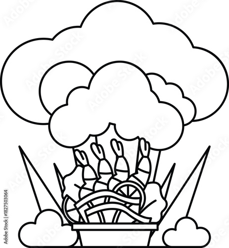 A white and black drawing of a basket of food with a cloud in the background