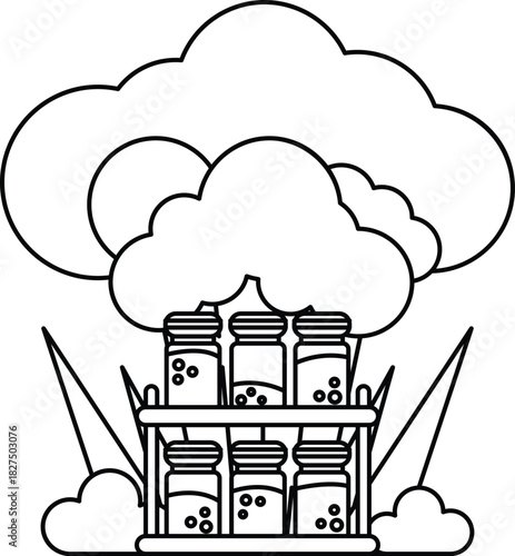 A white background with a cloud and a row of jars