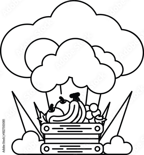 A black and white drawing of a cloud with a person and a bunch of fruits in it