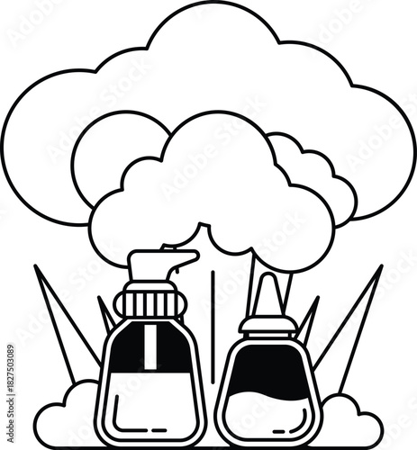 Two bottles of soap are shown in a field with a cloudy sky in the background
