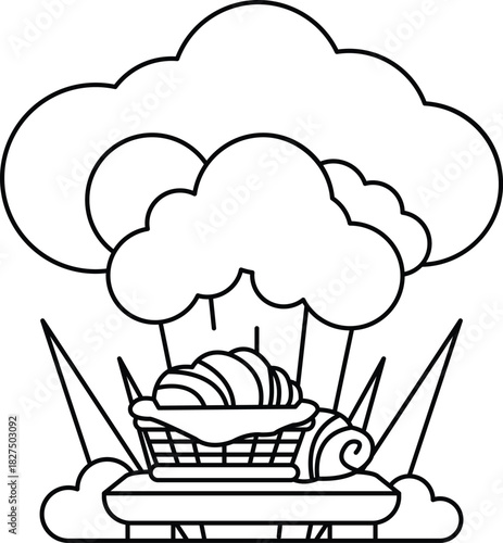 A white and black drawing of a cloud with a basket of food in it