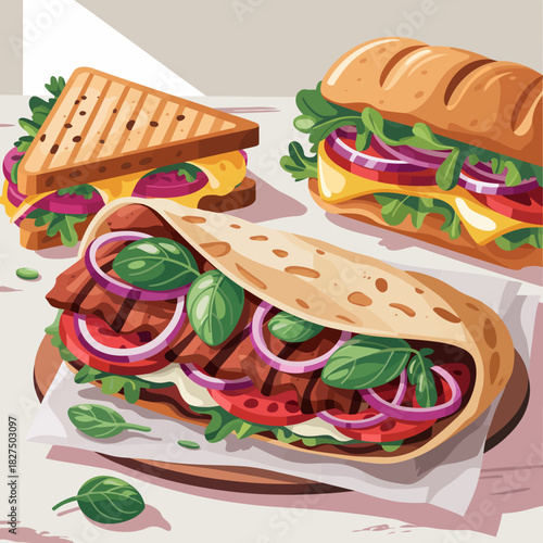 This image showcases an array of delicious sandwiches on a wooden plate, featuring vibrant ingredients, illustrating a delightful meal perfect for gatherings and culinary enjoyment.