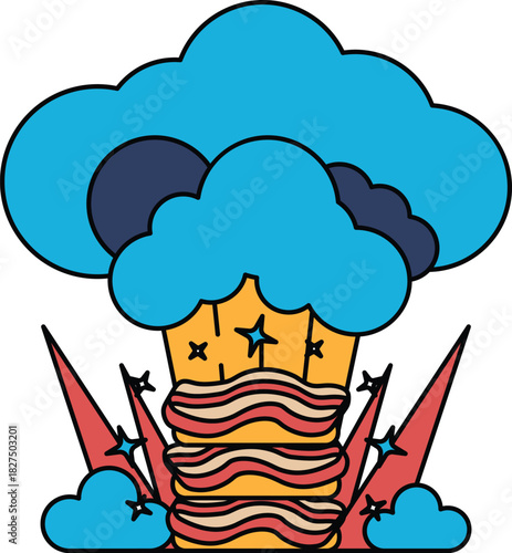 A black and white drawing of a cloud with a star and a lightning bolt