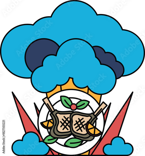 A plate of food with a chef hat on top of it