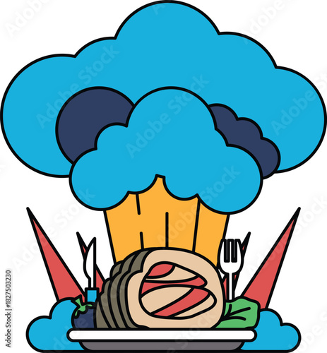 A chef is cooking food in a kitchen with a cloud of smoke