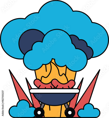 A cartoon of a broccoli with a grill on top of it