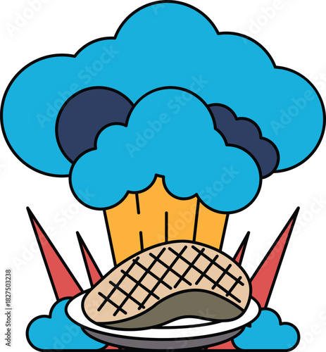 A black and white drawing of a cloud with a piece of meat on top of it