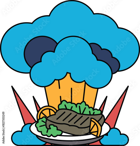 A plate of food with a cloud of steam rising from it