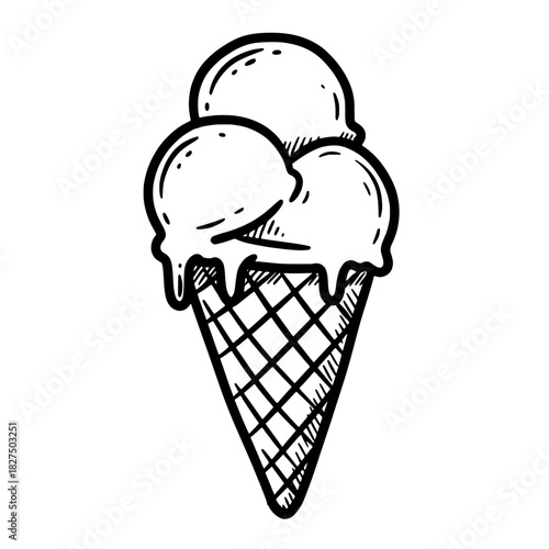 Hand-drawn ice cream cone with three scoops melting on top  