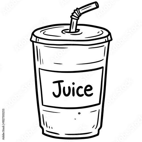 Hand-drawn juice cup with straw and labeled container  
