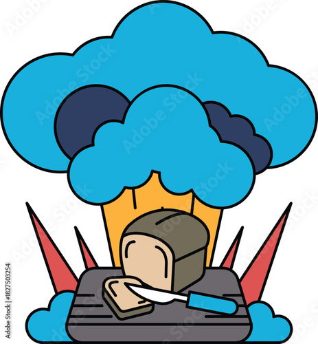 A black and white drawing of a cloud with a toaster and a knife on a table