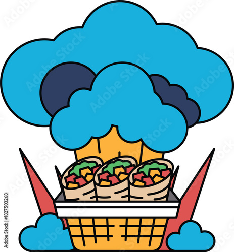 A basket of food is shown with a cloud in the background