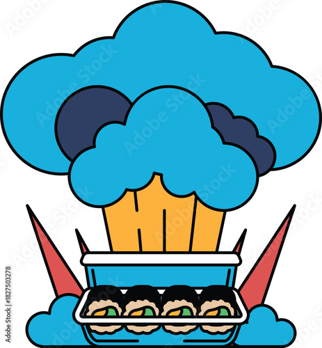 A black and white drawing of a cloud with a chef's hat on top of it