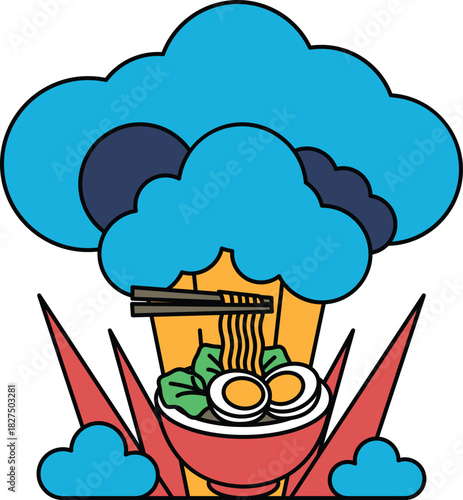 A drawing of a bowl of noodles with chopsticks in it