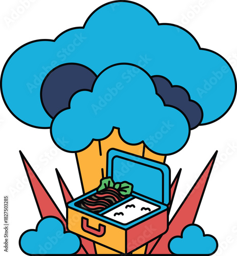 A white and black drawing of a picnic basket with a piece of broccoli in it