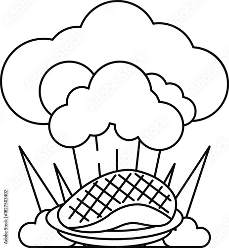 A black and white drawing of a cloud with a piece of meat on top of it