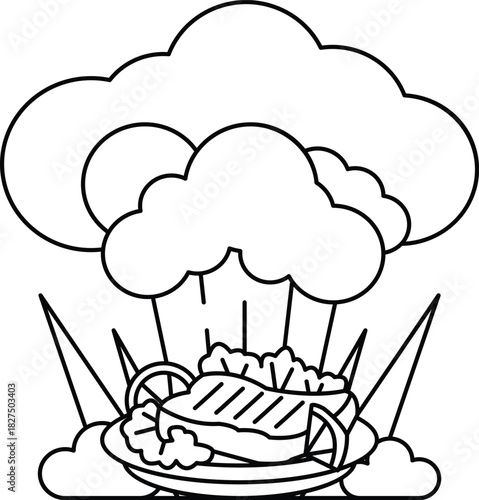 A plate of food with a cloud of steam rising from it