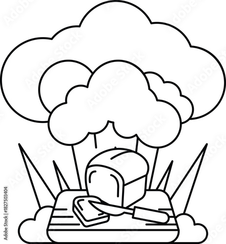 A black and white drawing of a cloud with a toaster and a knife on a table