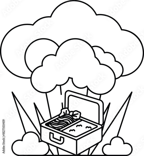 A white and black drawing of a picnic basket with a piece of broccoli in it