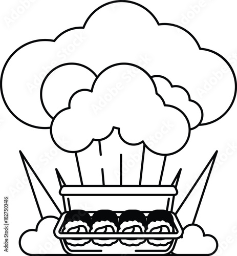 A black and white drawing of a cloud with a chef's hat on top of it