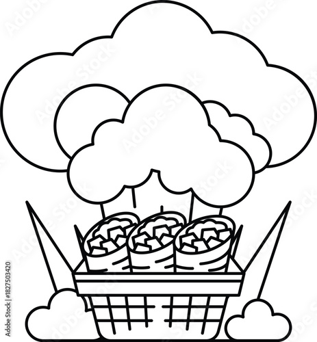 A basket of food is shown with a cloud in the background