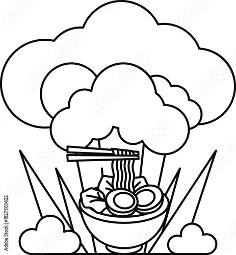 A drawing of a bowl of noodles with chopsticks in it