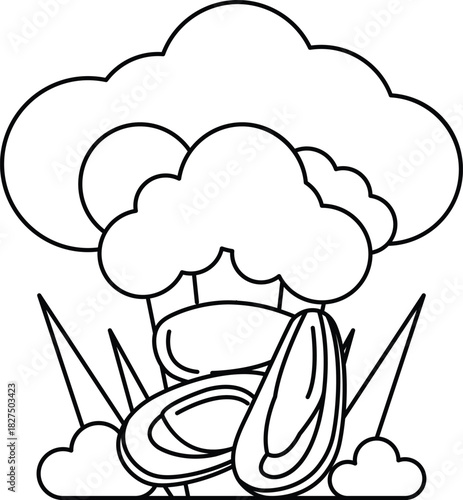 A white and black drawing of a broccoli and a mushroom