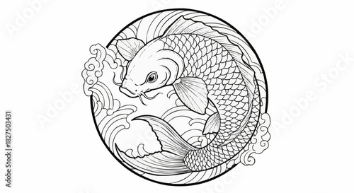 Detailed Koi Fish Illustration in Circular Frame.