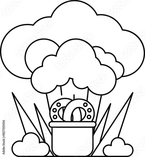 A cartoon drawing of a cloud with a pot of food in it