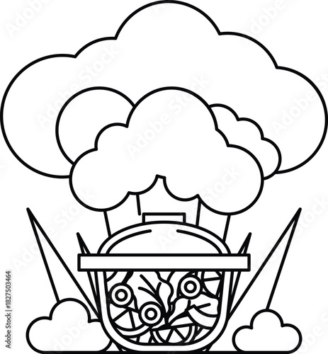 A black and white drawing of a chef cooking food in a pot