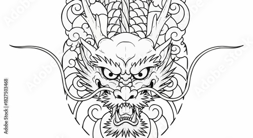 Intricate Line Drawing of a Ferocious Chinese Dragon Face.