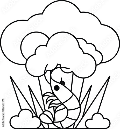 A cartoon of a shrimp sitting in a field of grass
