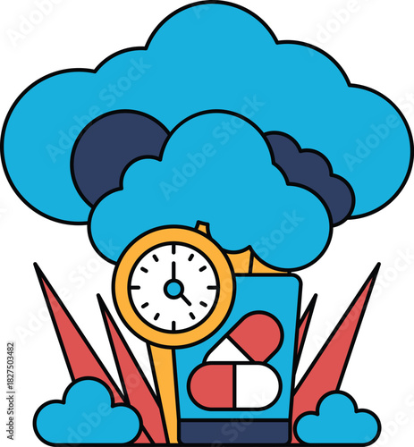 A clock is on a tree stump with a cloud in the background