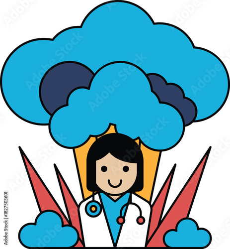 A woman is standing in a field of flowers and clouds