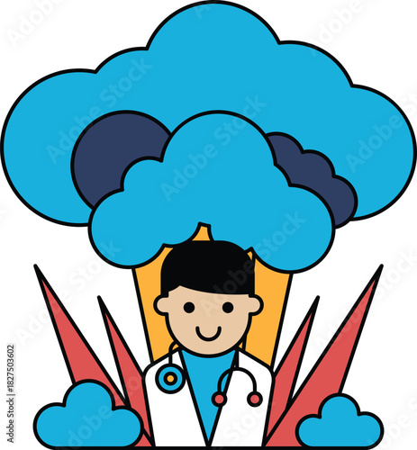 A cartoon of a doctor with a stethoscope on his head