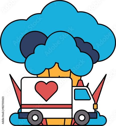 A truck with a heart on it is driving through a storm