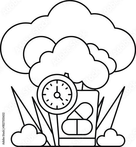 A clock is on a tree stump with a cloud in the background