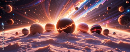 Colorful Planetary Landscape with Celestial Bodies and Stunning Cosmic Rays