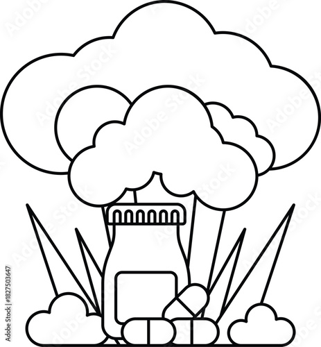 A jar of pills is on the ground next to a cloud