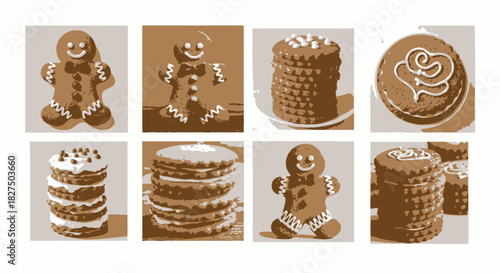 Delightful gingerbread cookies and stacks of decorated treats evoke holiday cheer, perfect for baking projects, festive recipes, and cozy winter celebrations