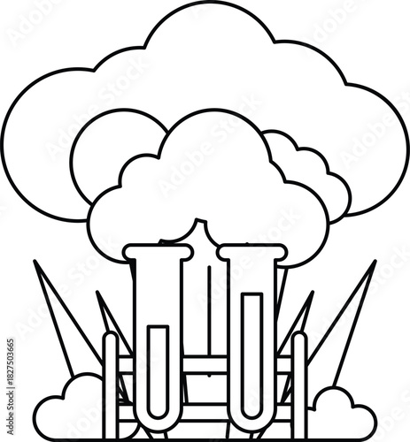 A black and white drawing of a cloud with two test tubes in it