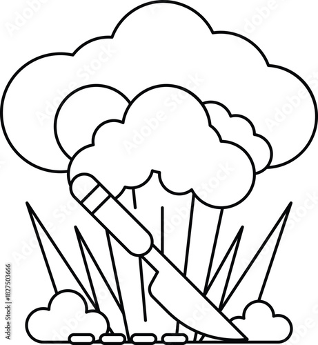 A knife is stuck in a cloud of smoke