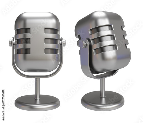 Chrome Silver Microphone Retro Vocal Radio Equipment isolated on white background. Audio Microphone For Online Anchorperson Studio Or Karaoke Bar Device. 3d render
