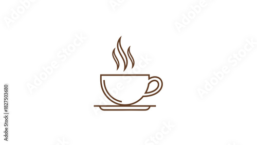A simple line art illustration of a steaming cup of coffee or tea on a saucer, rendered in brown on a white background.